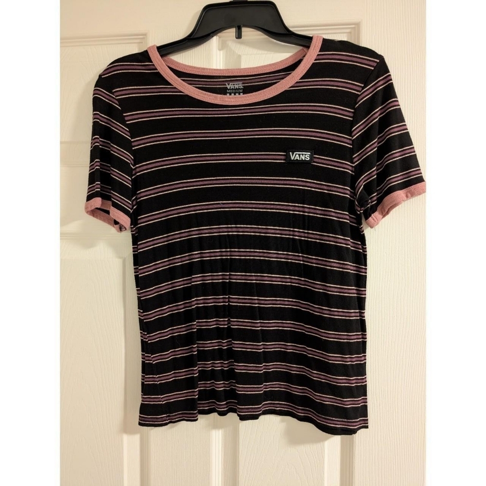 Vans Women's Black and Pink Striped Tee